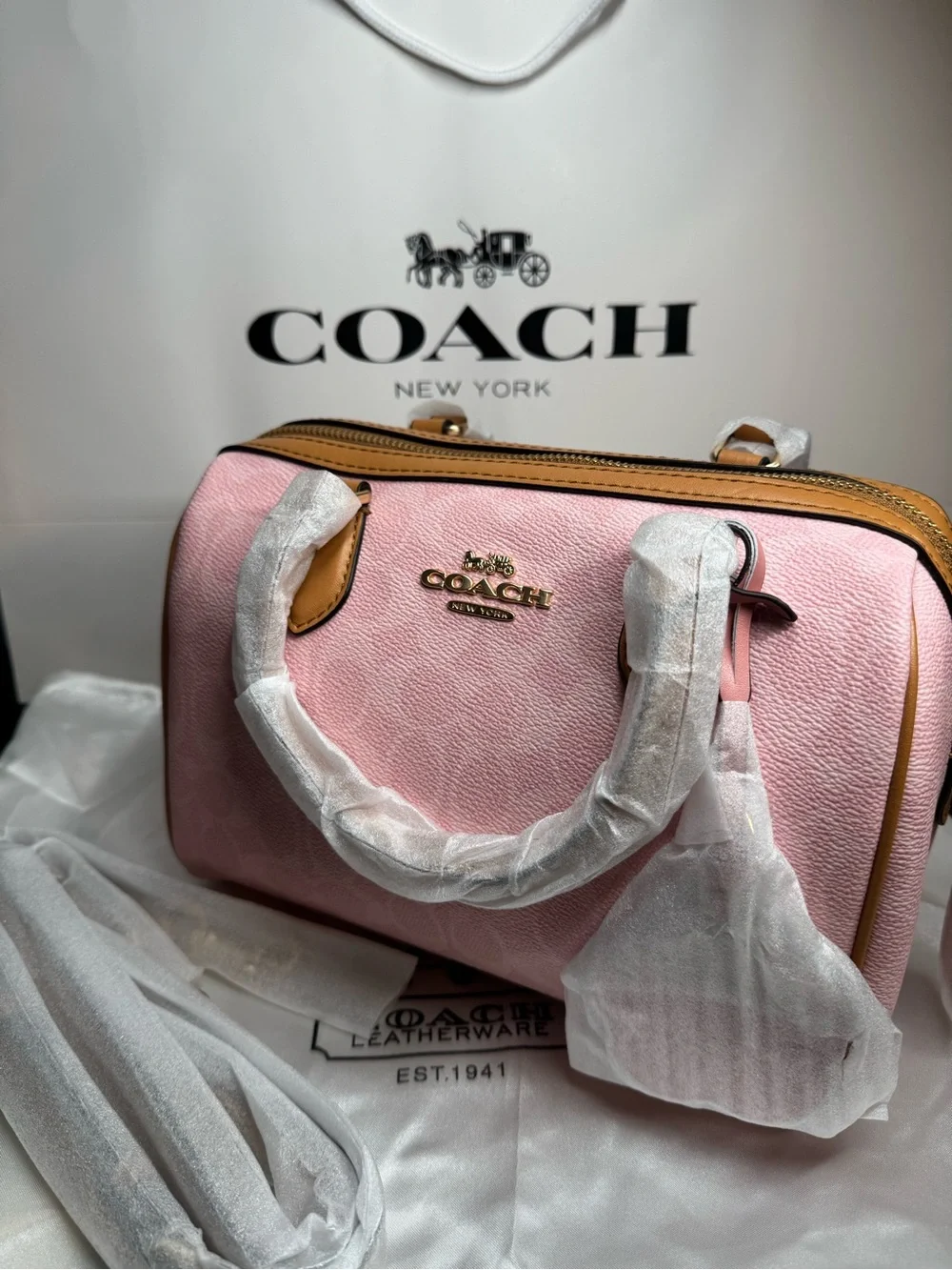 Coach Pink Leather Satchel with Tan Trim